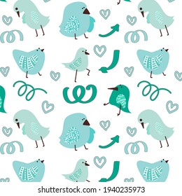 Funny vector birds. Pattern of doodle illustration blue birdie for kids. Pretty birdy with ornament wings. Can be used for wallpaper, pattern fills, textile, web page background, surface textures. 
