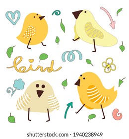 Aves vectoriales divertidas. Conjunto de dibujos de dibujos para niños. Abirro bonito amarillo con alas adornadas. Se puede usar para papel tapiz, rellenos de patrones, textil, fondo de página web, texturas superficiales. 
