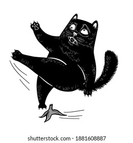 Funny vector black cat slipped on a banana is flying. Flat illustration 