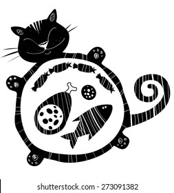 Funny vector black and white cat full of food. Sleeping  funny fat cat. Happy cat silhouette. 