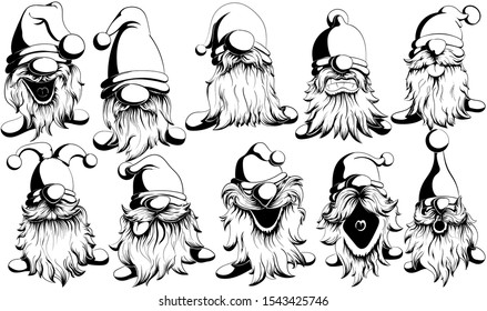 Funny and funny vector black and white gnomes with mustache and beard