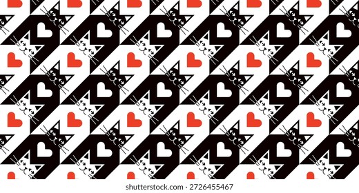 Divertido Vector blanco y negro pata de gallo Vector sin patrón con gatos y corazones, fondo de verificación de animales para el diseño de la tela