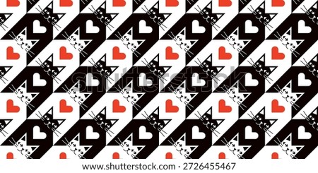 Funny vector black and white houndstooth vector seamless pattern with cats and hearts, animal check background for fabric design