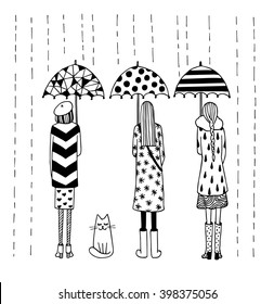 Graciosa ilustración vectorial en blanco y negro. Lluvia en la ciudad. Niñas bajo paraguas y gatos.