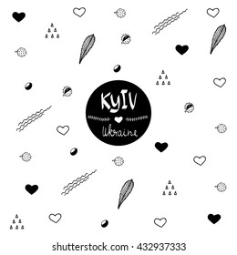 Funny vector black and white illustration about Kiev. Hand drawn doodle/drawing of Kyiv.