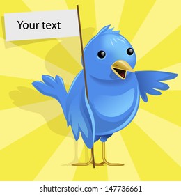 Funny Vector Blue Bird on Yellow Rays Background