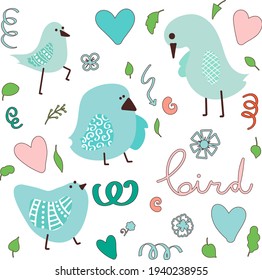Funny vector blue birds. Set of doodle illustration birdie for kids. Pretty birdy with ornament wings. Can be used for wallpaper, pattern fills, textile, web page background, surface textures. 