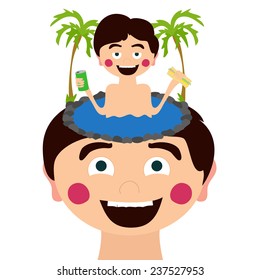 Funny vector boy thinking about vacation with palms, food and drinks