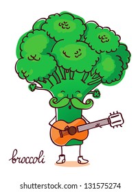 Funny vector Broccoli with mustache plays guitar and sings:)