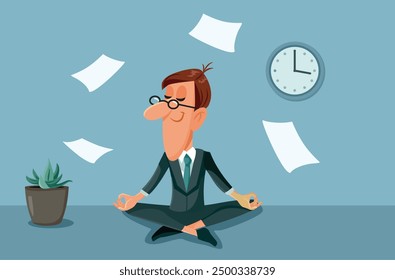 
Funny Vector Businessman in Yoga Pose Trying to Relax at the Office. Busy corporate man trying to juggle paperwork and time management
