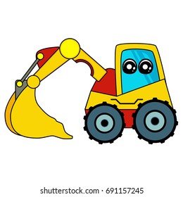 Funny vector car, tractor with cute eyes in flat style isolated on white background. Childish print