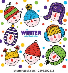 Funny vector card with faces of people in winter hats.