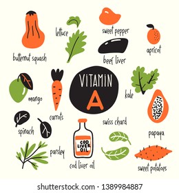 Funny vector caroon illustration of Vitamin A rich foods