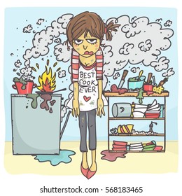 Funny Vector Cartoon Of Angry And Stressed Woman In Messy Kitchen