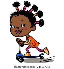 Funny Vector Cartoon Black Girl On Scooter Isolated Background