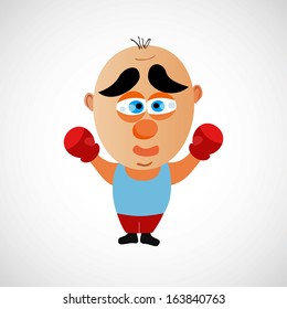 Funny vector cartoon boxer. Big bald head and cute eyebrows. On white background. Boxing glove, smile, face.