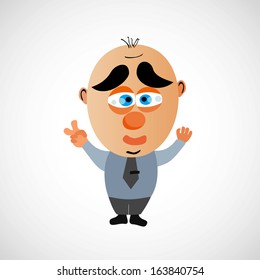 Funny vector cartoon businessman. Big bald head and cute eyebrows. On white background. Victory, peace, tie, smile, face.
