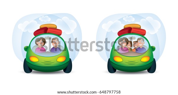 Funny vector cartoon car set. Front view.\
\
Transparent blue sky and clouds on background.\
Family driving in\
green car on weekend\
holiday.\
