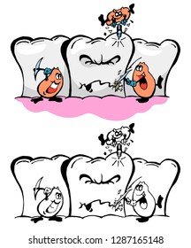 Funny Vector Cartoon Caries Bacterias Destroying Teeth With Instruments