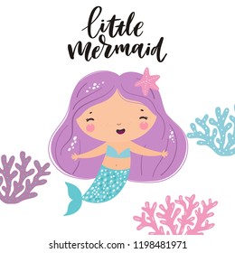 Funny Vector cartoon character cute mermaids and sea plants. Summer clipart with mermaid girls.  little mermaid party