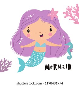 Funny Vector cartoon character cute mermaids and sea plants. Summer clipart with mermaid girls.  little mermaid party