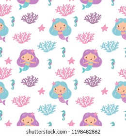 Funny Vector cartoon character cute mermaids and sea plants. Summer clipart with mermaid girls.  little mermaid party. Seamless pattern
