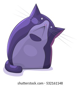 Funny vector cartoon character, cute purple cat on white background