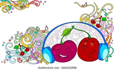 Gracioso vector caricatura cerezas escuchando música en auriculares