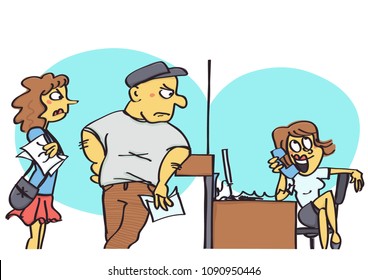 Funny vector cartoon of clerk at office counter making a private telephone call and ignoring the clients, unprofessional behavior at work