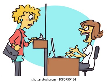 Funny vector cartoon of clerk on office counter behaving rude and aggressive towards the client, bad behavior at work