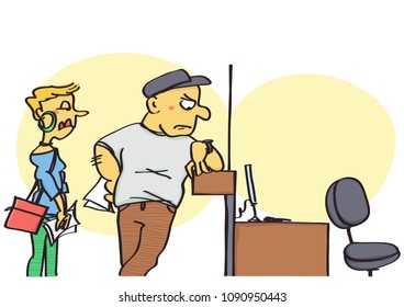 Funny vector cartoon of clients waiting for the missing clerk at the office counter, rude and unprofessional behavior at work