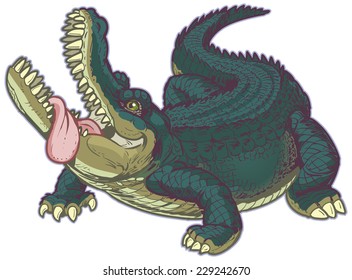 Funny vector cartoon clip art illustration of a big hungry alligator looking upward with his mouth open and tongue hanging out.