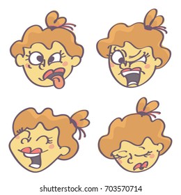 Funny vector cartoon collection of four girl emoticon faces expressing different feelings, isolated on white background