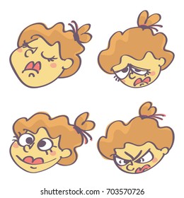 Funny vector cartoon collection with four emoticon girl faces expressing different emotions, isolated on white background