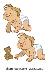 Funny vector cartoon colorful crawling baby and teddy-bear isolated background