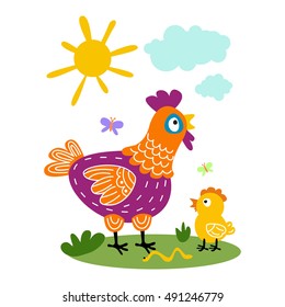 Funny vector cartoon colorful hen and chicks isolated art