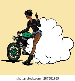 Funny vector cartoon colorfull african biker girl in pin-up style isolated background