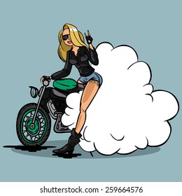 Funny vector cartoon colorfull biker girl in pin-up style isolated background