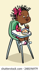 Funny vector cartoon colorfull black baby on baby seat have lunch