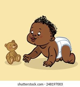 Funny vector cartoon colorfull crawling black baby and teddy-bear isolated background