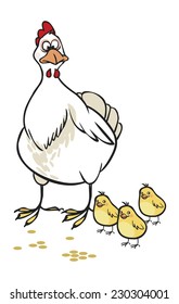 Funny vector cartoon colorfull hen and chicks isolated background