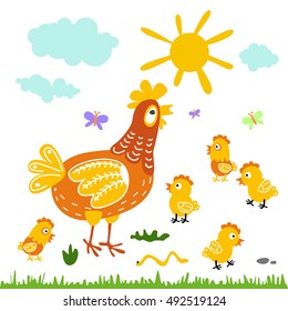 Funny vector cartoon colorfull hen and chicks isolated background art