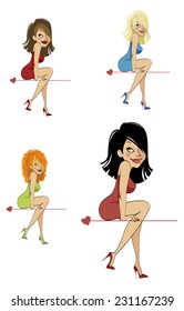 Funny vector cartoon colorfull icon set of girls isolated background