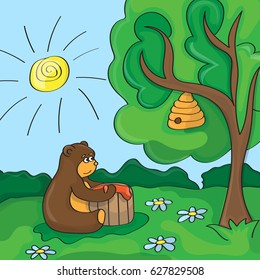 Funny vector cartoon - cute bear with honey