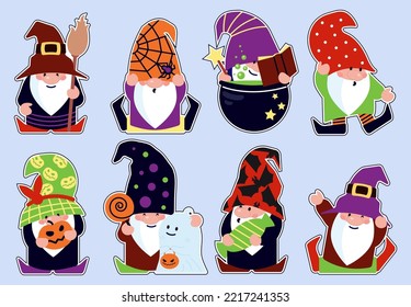 Funny Vector Cartoon Gnome Collection. Halloween Celebration Sticker Set. Cute Characters With Different Costumes. October Party Decoration.