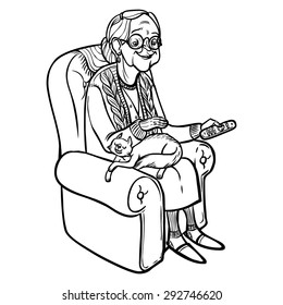 Funny vector cartoon  granny hold her cat. vector illustration