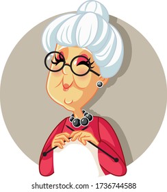 
Funny Vector Cartoon Granny Knitting. Senior Old Grandmother Crocheting A Classic Scarf  
