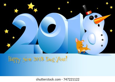 funny vector cartoon greeting card for a new twenty-eighteen year with a snowman and a dog