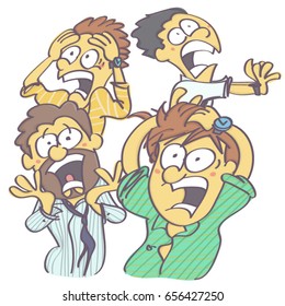 Funny vector cartoon with group of men in panic and horror