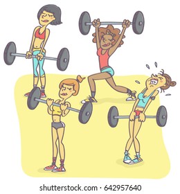 Funny vector cartoon with group of woman exercising with weights, one is all sweaty and struggling